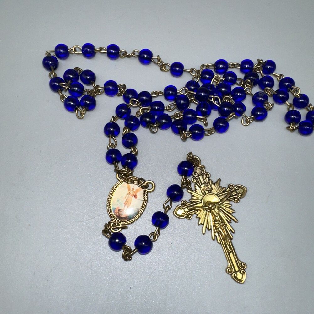 Cobalt Blue Glass Bead Colorized St Michael Archangel Rosary Gold Tone Crucifix